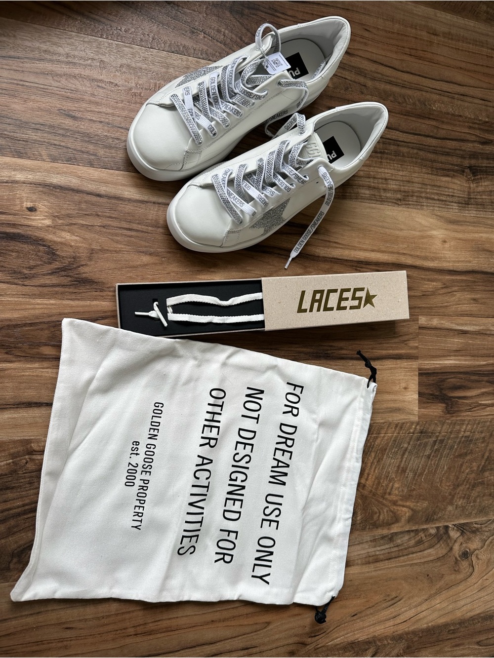 Golden Goose White Leather Sneakers with Silver Crystal Star Accent - Picture 7 of 14